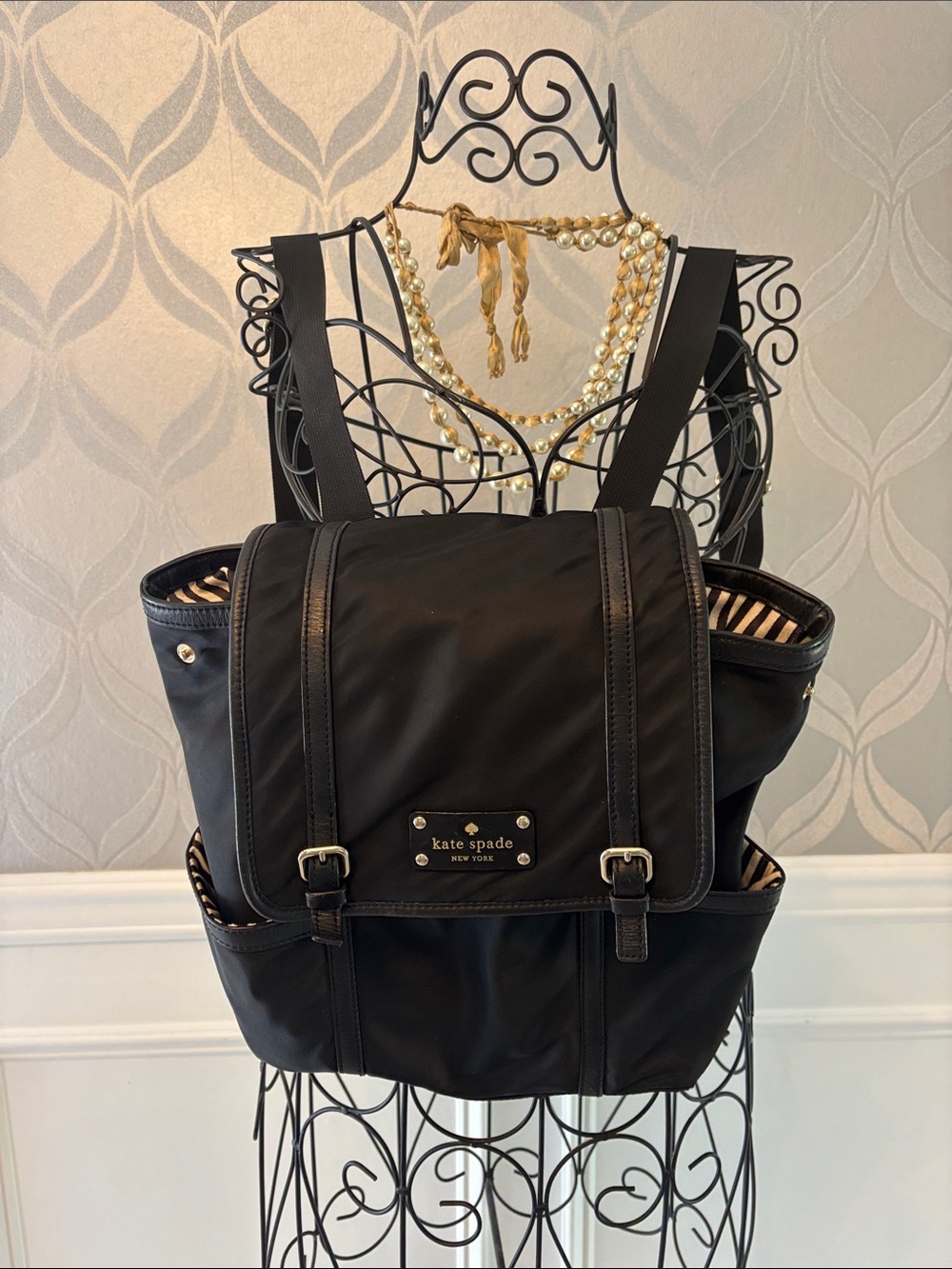 kate spade Black Nylon Backpack with Striped Interior Trim
